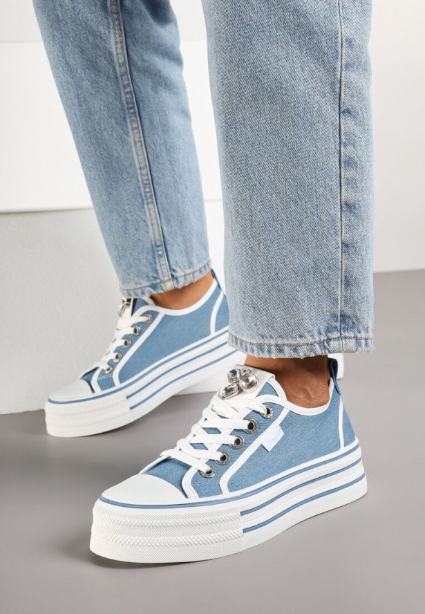 Niebieskie Trampki na Grubej Podeszwie z Aplikacją z Cyrkoniami Galtewin