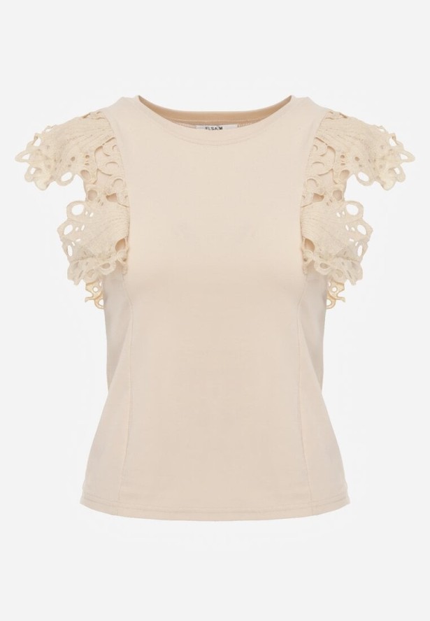 Jasnobeżowy Top z Bawełny z Ozdobną Koronką Adexis