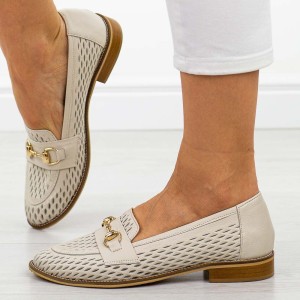 Szare ażurowe skórzane Polskie mokasyny damskie Deoni D634