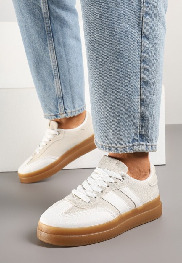 Biało-Beżowe Sneakersy w Stylu Tenisówek z Paskami Falanisa