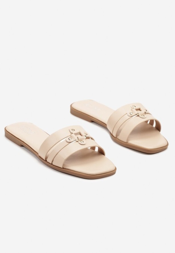 Beżowe Minimalistyczne Klapki Zdobione Elegancką Aplikacją Harinel