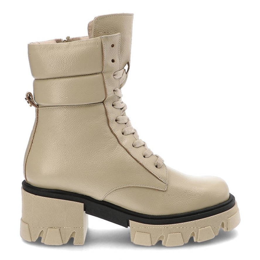 Botki damskie Karino, z gładkiej skóry naturalnej z wysoką cholewką i sznurowaniem stabilny obcas oraz gruba podeszwa o geometrycznym kształcie, beżo
