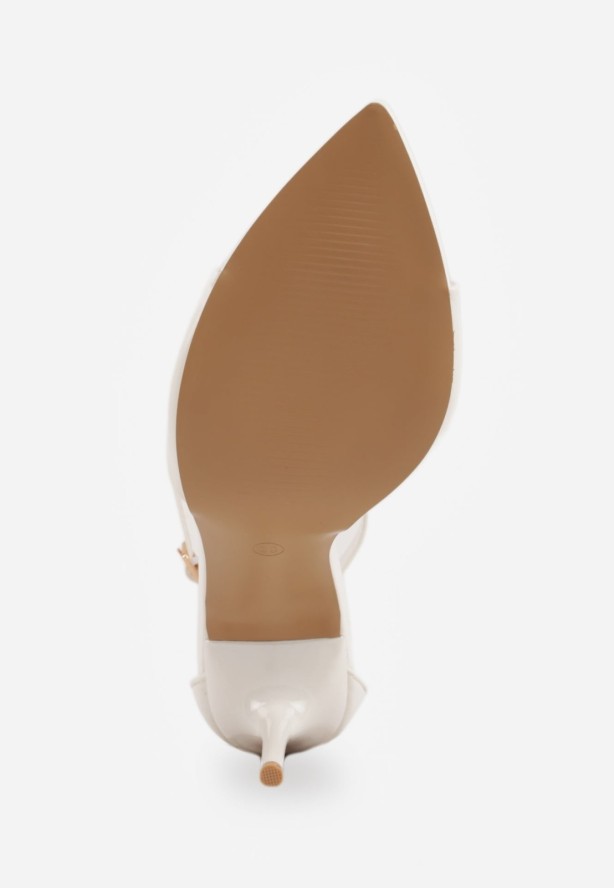 Białe Sandały z Paskiem wokół Kostki i Noskiem w Szpic z Lakierowanej Imitacji Skóry Santel