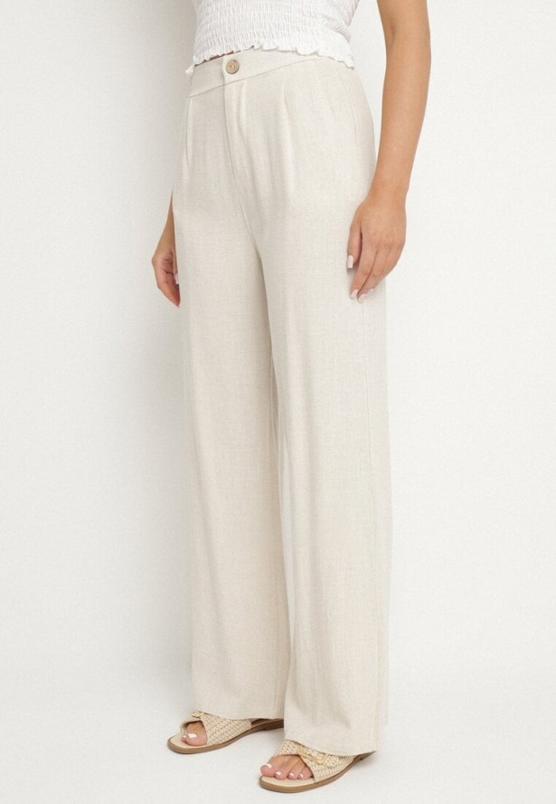 Jasnobeżowe Lniane Spodnie z Wiskozą o Szerokim Kroju z Gumką w Talii Zelzeri
