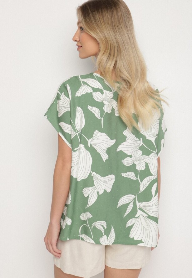 Zielona Bluzka o Nietoperzowym Kroju z Lnem i Wiskozą Zdobiona Cyrkoniami Rinelitia