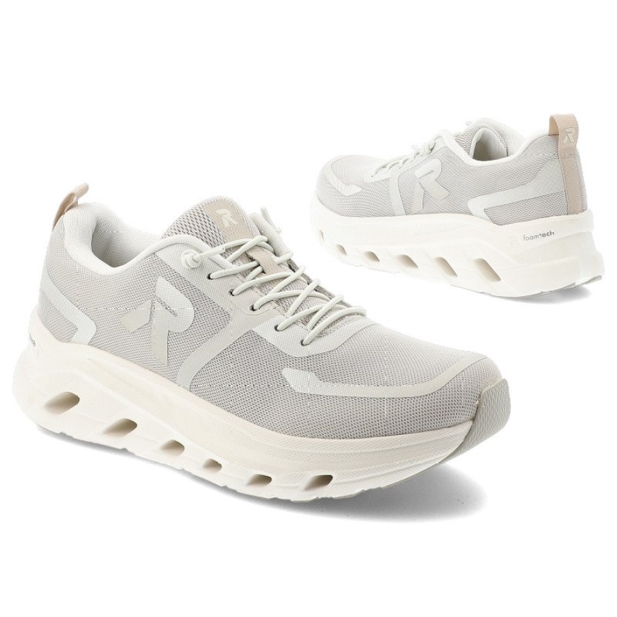 Sneakersy damskie Rieker, nowoczesna forma z lekkiej oddychającej cholewki zapewniająca wygodę amortyzowana podeszwa sportowy charakter, szare, W3504