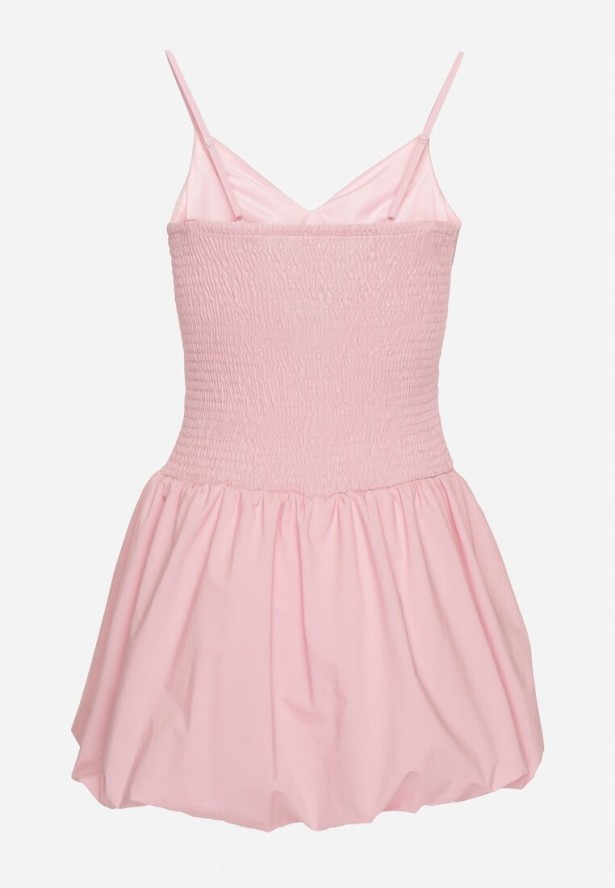 Różowa Sukienka Bombka na Cienkich Ramiączkach z Kokardą i Cyrkoniami Paliandria