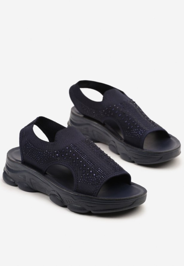 Granatowe Sandały Sportowe z Elastyczną Cholewką na Grubej Podeszwie Lirasette