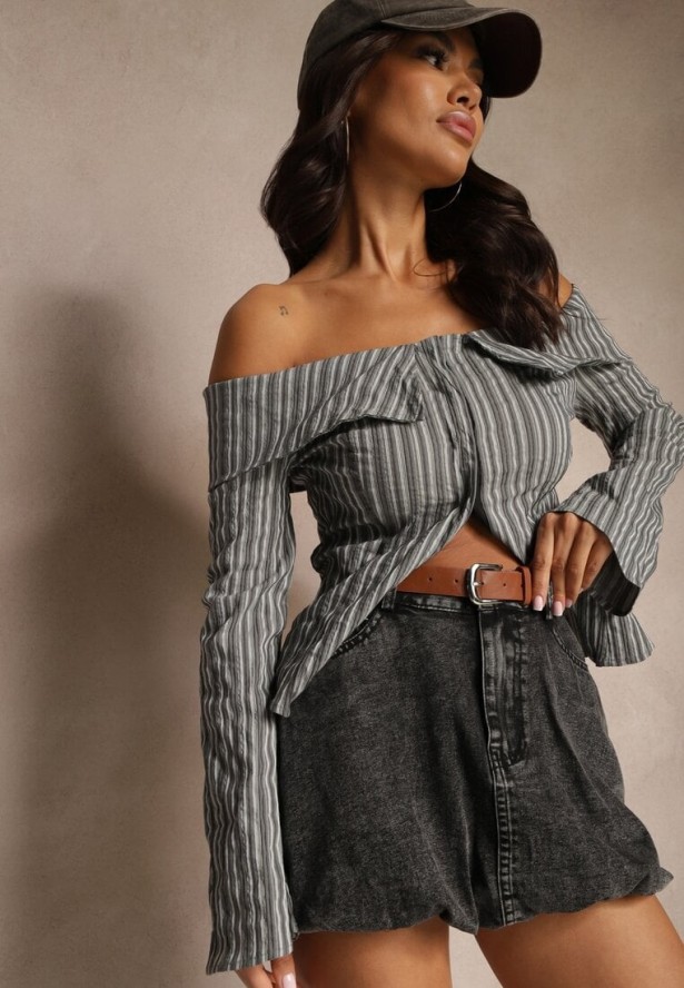 Czarna Bawełniana Spódnica Bombka Jeansowa z Paskiem Norisia