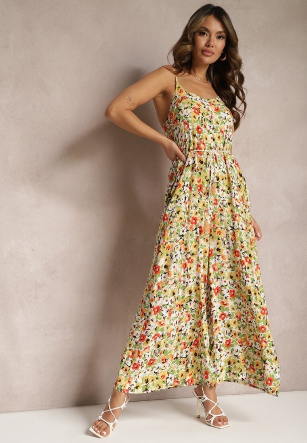 Zielono-Beżowy Kombinezon z Szerokimi Nogawkami w Kwiaty Wiązany na Ozdobny Sznurek Leliavia