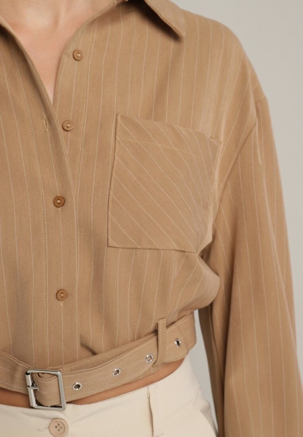 Beżowa Krótka Koszula z Ozdobnym Paskiem z Klamrą na Dole Arirti