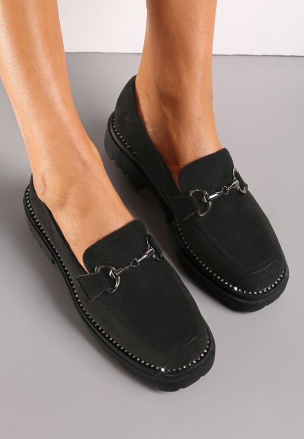 Czarne Mokasyny na Platformie z Cyrkoniami i Wkładką ze Skóry Naturalnej Ahatissa