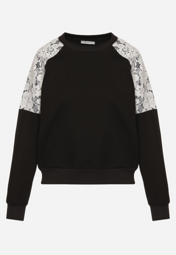 Czarna Bluza z Bawełną Ozdobiona Koronką Elanorea