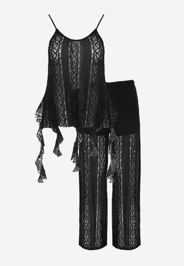 Czarny Eteryczny Komplet z Koronką i Falbankami Top i Spodnie Wide Leg Pretilaine