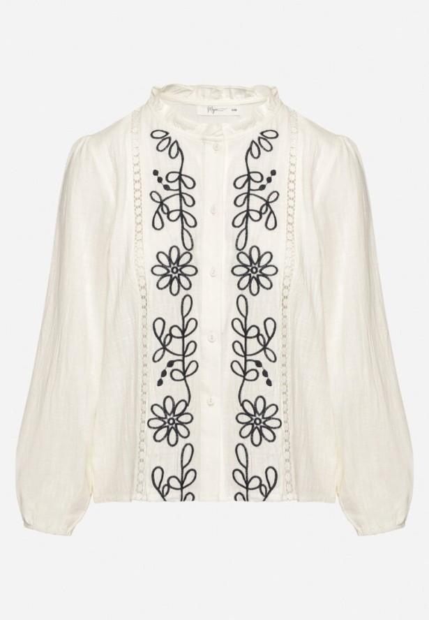 Beżowa Koszula z Bawełną i Wiskozą Ozdobiona Haftem Nalaviris