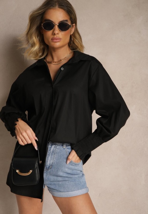 Czarna Koszula z Bawełny Ozdobiona Falbankami i Marszczeniami Liorale