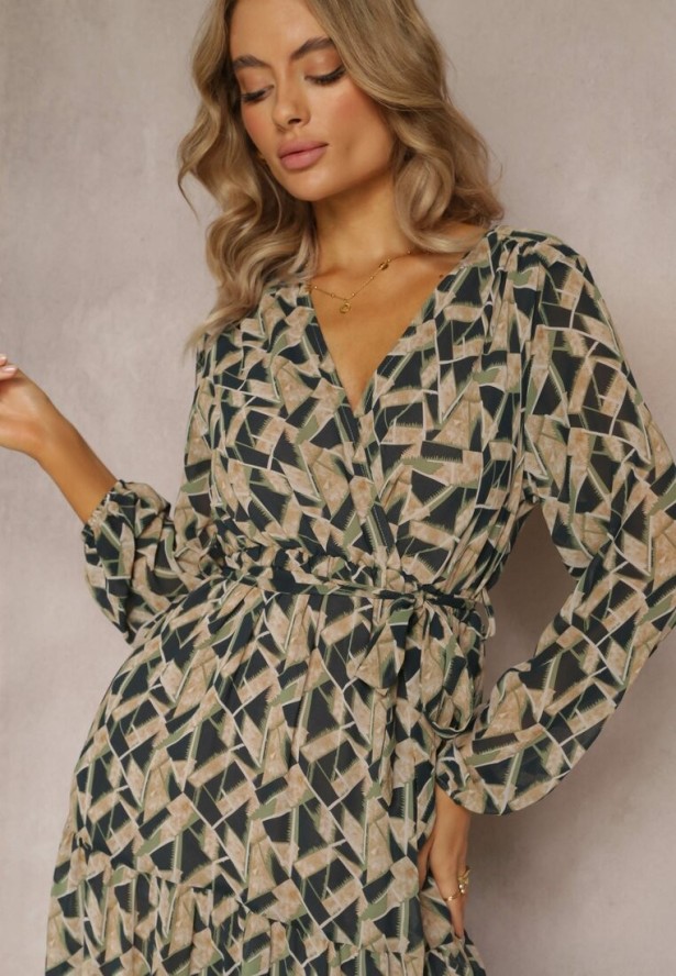 Zielona Sukienka Kopertowa z Gumką w Talii Jarne