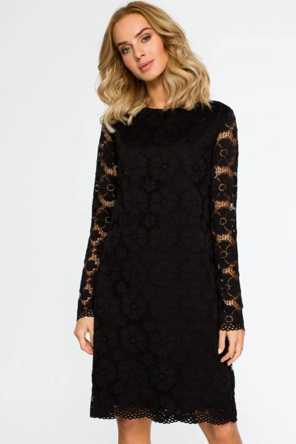 Sukienka wieczorowa koronkowa trapezowa midi czarna