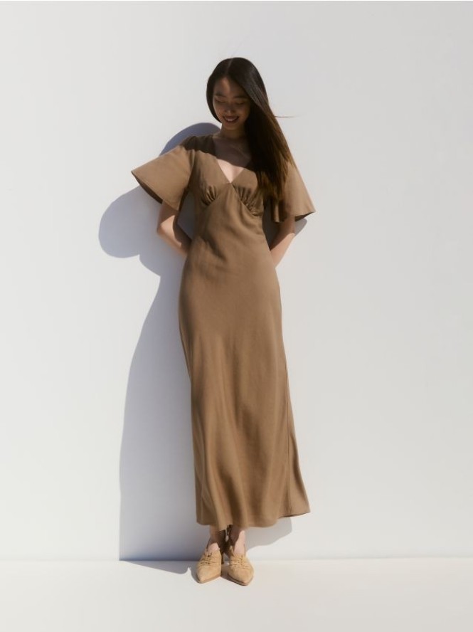 Sukienka maxi z lnem - oliwkowy