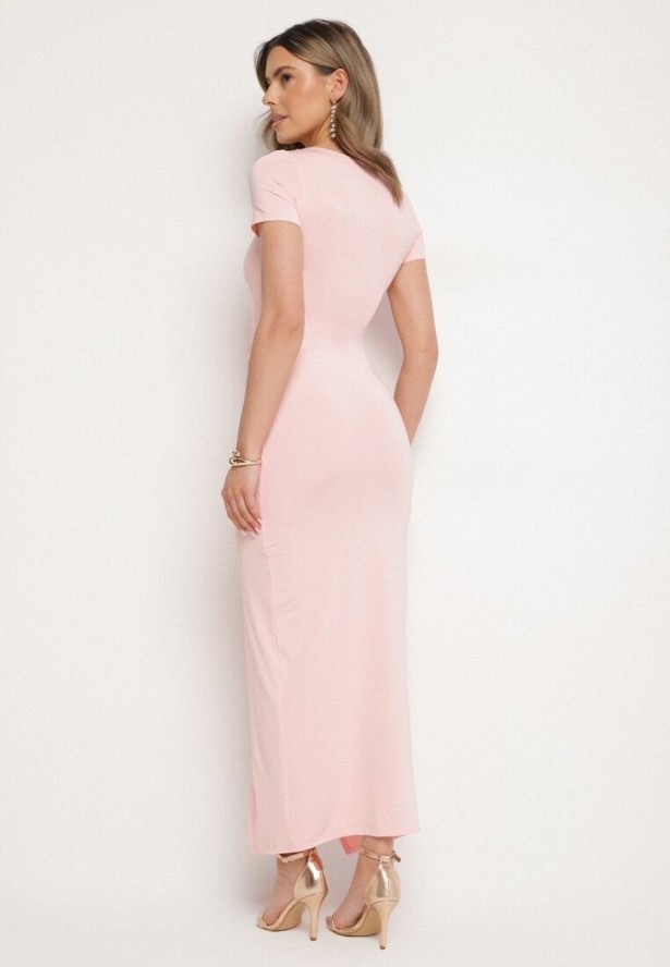 Różowa Taliowana Sukienka z Wiskozą z Marszczeniem Milasela