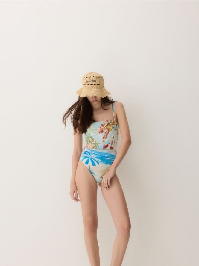 Kapelusz bucket z rafii - kremowy