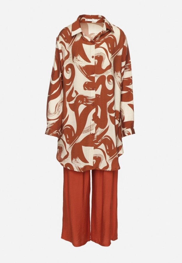 Pomarańczowy Komplet z Wiskozą Koszula i Spodnie w Geometryczny Wzór Nitasenia