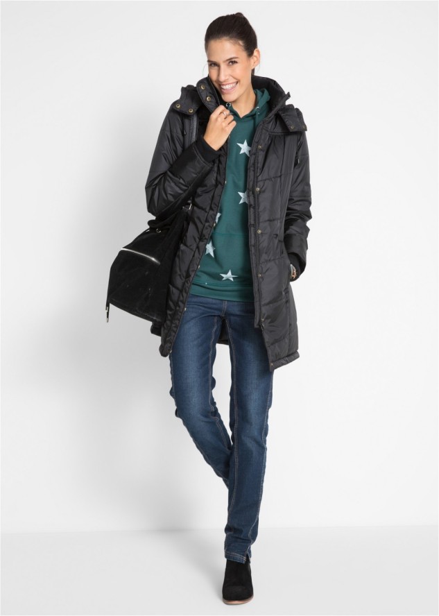 Długa kurtka pikowana, ocieplana, z kołnierzem i kapturem