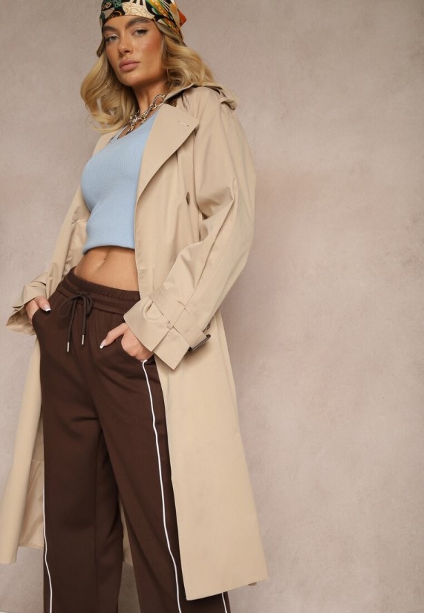 Beżowy Płaszcz Trencz Dwurzędowy z Paskiem Lene