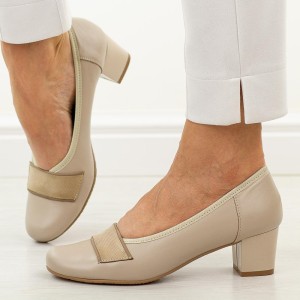 Beżowe skórzane Polskie czółenka damskie na obcasie Gregors 1060