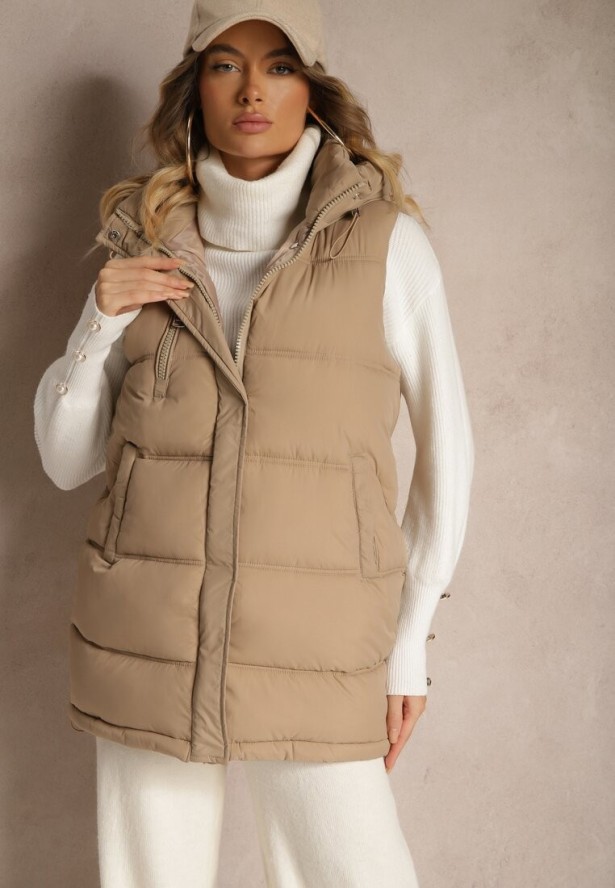 Ciemnobeżowa Pikowana Kamizelka z Kapturem i Ozdobnym Suwakiem Tomtalisa