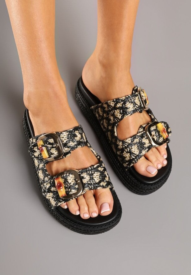 Czarne Klapki na Platformie z Plecionki z Paskami z Klamrami Sonadwen