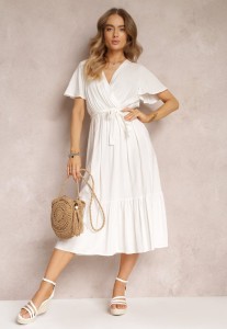 Biała Rozkloszowana Sukienka z Kopertowym Dekoltem i Wiązanym Paskiem Elanor