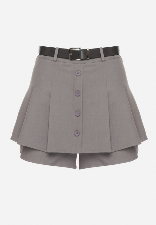 Szare Wiskozowe Spódnico-Szorty Ozdobione Guzikami i Paskiem Sanioris