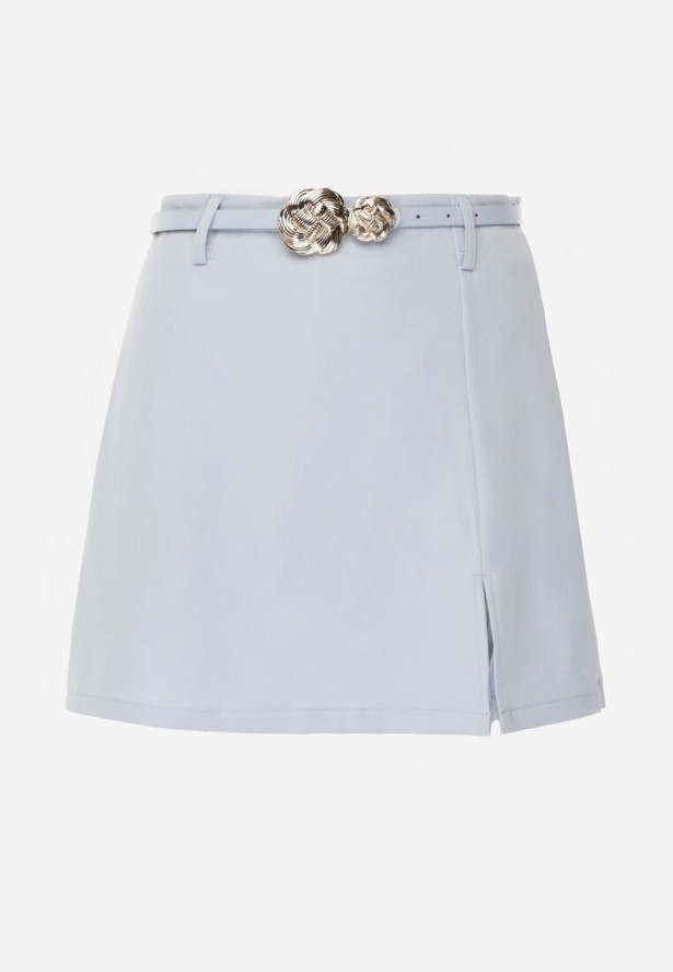 Niebieskie Spódnico-Szorty High Waist Ozdobione Metaliczną Aplikacją i Paskiem Retness