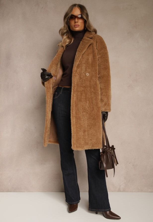 Brązowy Płaszcz Teddy o Dwurzędowym Kroju Oversize Azzena
