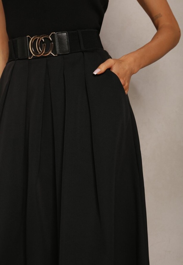 Czarna Spódnica Rozkloszowana z Paskiem Tenga