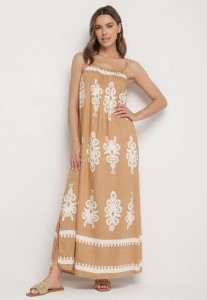 Jasnobrązowa Sukienka o Rozkloszowanym Kroju na Ramiączkach w Etniczny Wzór Revoniae