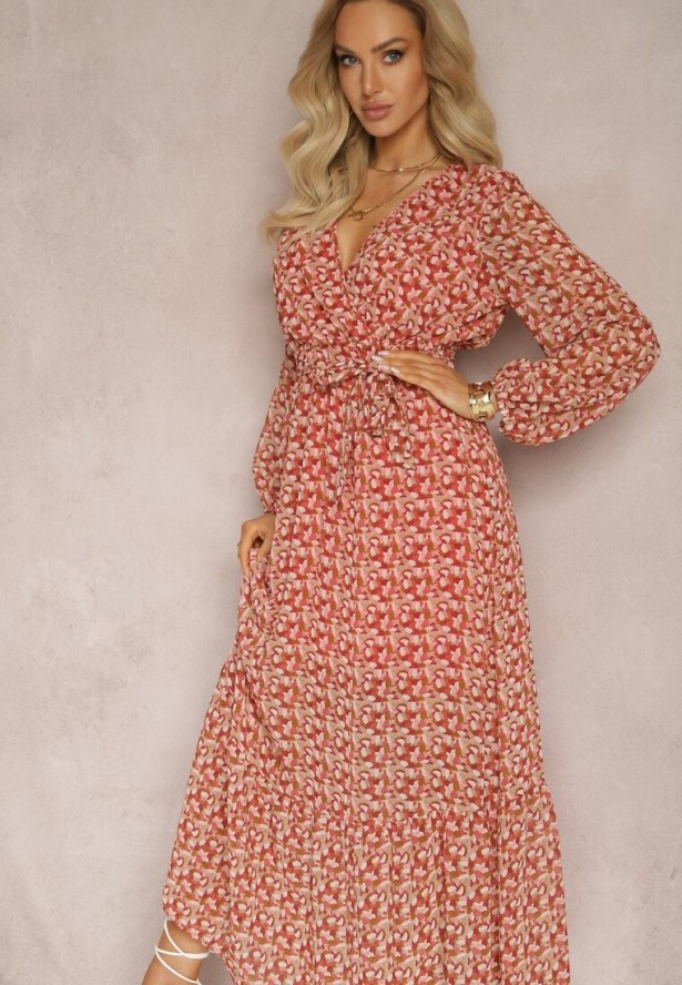 Czerwono-Różowa Sukienka Kopertowa z Falbanką i Wiązanym Paskiem Gjerana