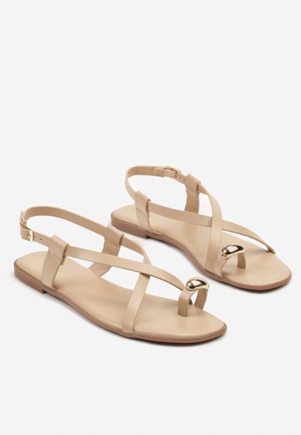 Beżowe Sandały Typu Japonki Vices z Metaliczną Ozdobną na Palcu Vevisa