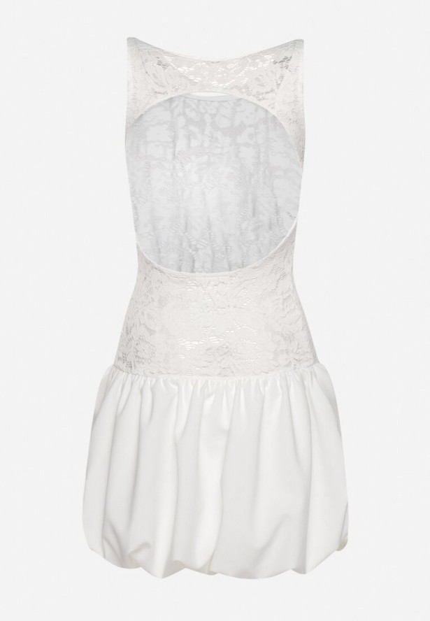 Biała Sukienka Koktajlowa z Dołem o Fasonie Bombki i Koronkową Górą Pievalia
