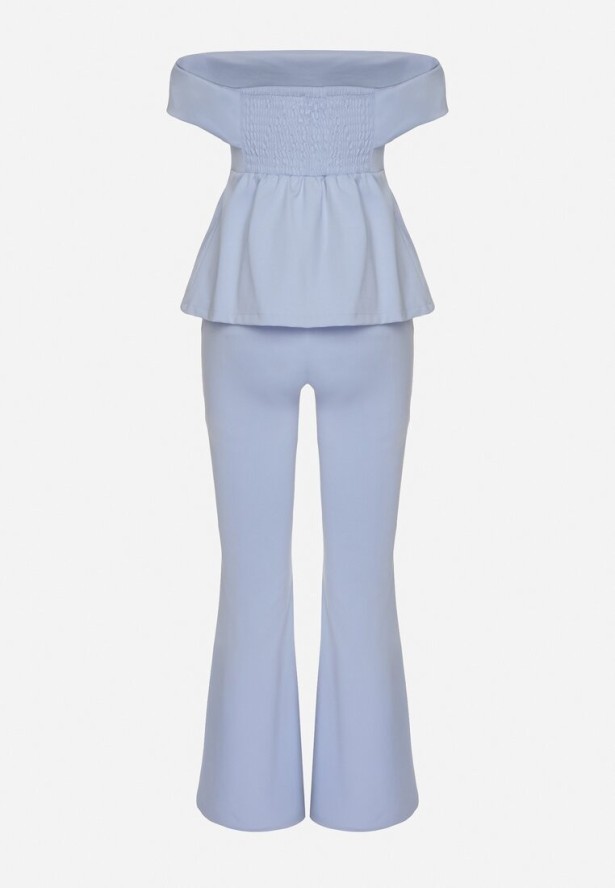 Niebieski Komplet Garniturowy Bluzka Hiszpanka z Guzikami i Spodnie Dzwony Yaskio