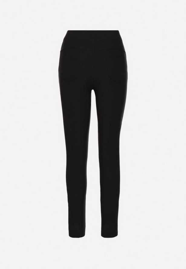 Granatowe Spodnie o Dopasowanym Kroju z Gumką w Talii i Kieszeniami Rizenna