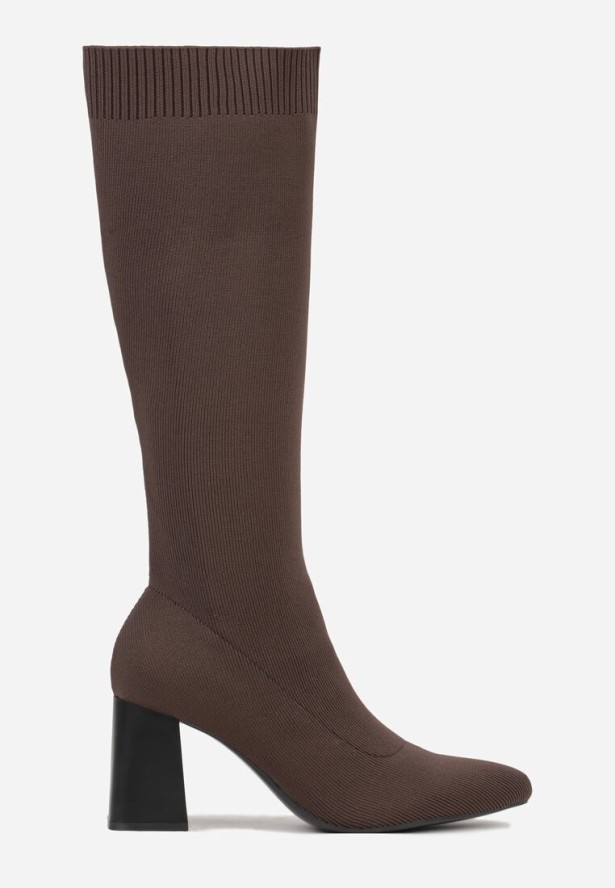 Brązowe Eleganckie Kozaki VICES na Słupku ze Skarpetkową Cholewką Mialles