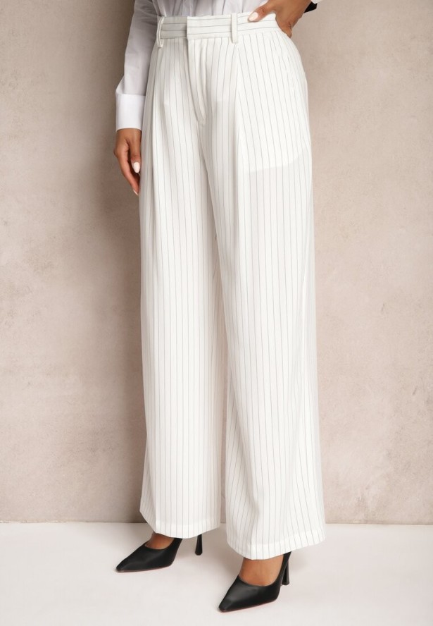Białe Spodnie Szerokie w Garniturowym Stylu w Delikatne Prążki Tsalena