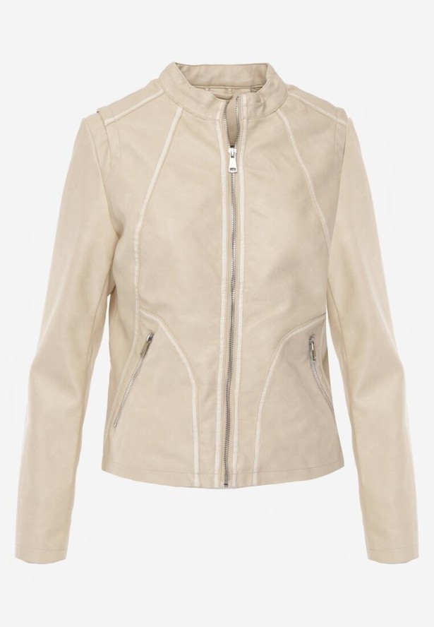 Beżowa Kurtka Ramoneska o Taliowanym Kroju z Ozdobnymi Lamówkami Esanora