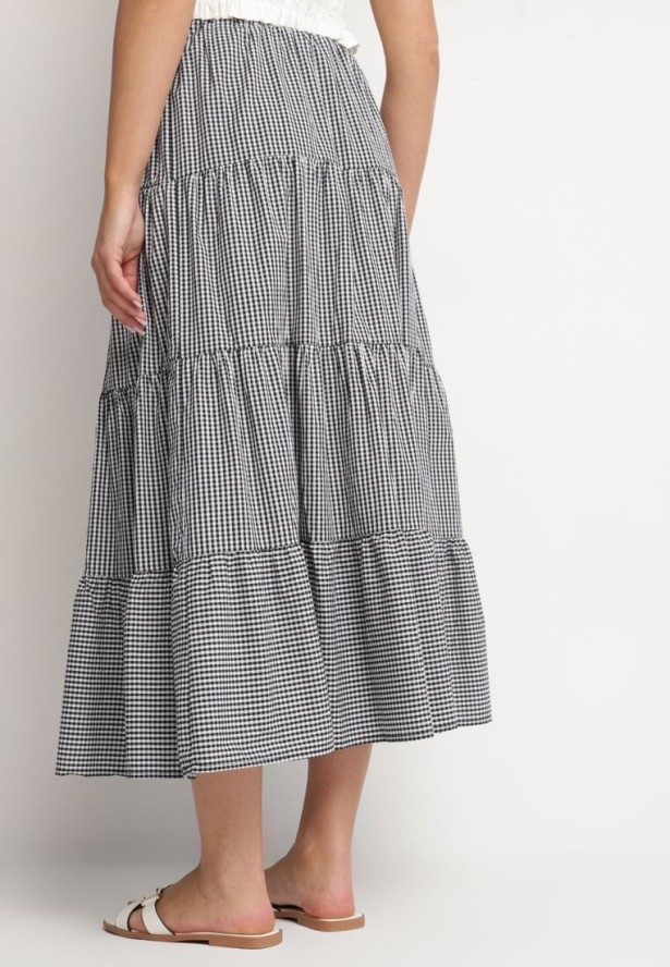 Czarno-Biała Bawełniana Spódnica Rozkloszowana w Kratę Stolitte