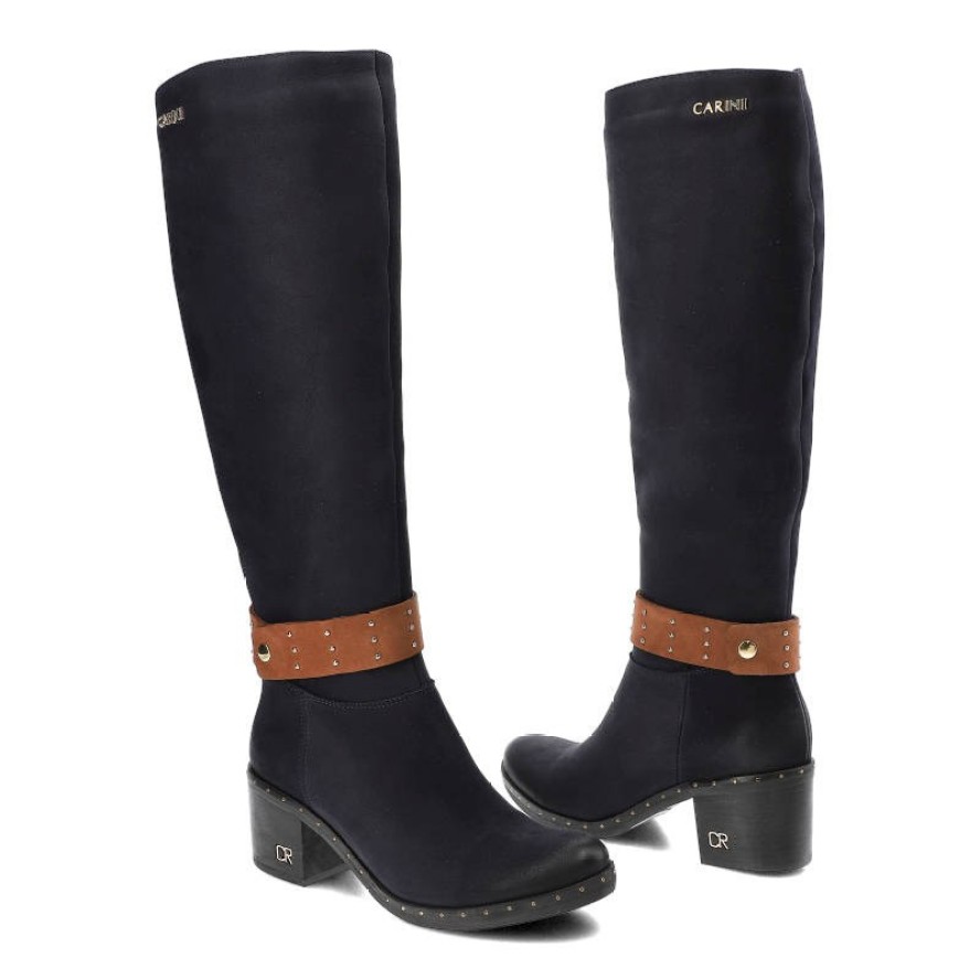 Kozaki damskie Carinii, skórzane na obcasie, granatowe, B4602_K59-793-POL-861