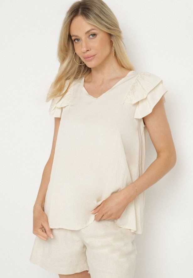 Jasnobeżowa Bluzka z Wiskozą Ozdobiona Falbankami Divestra