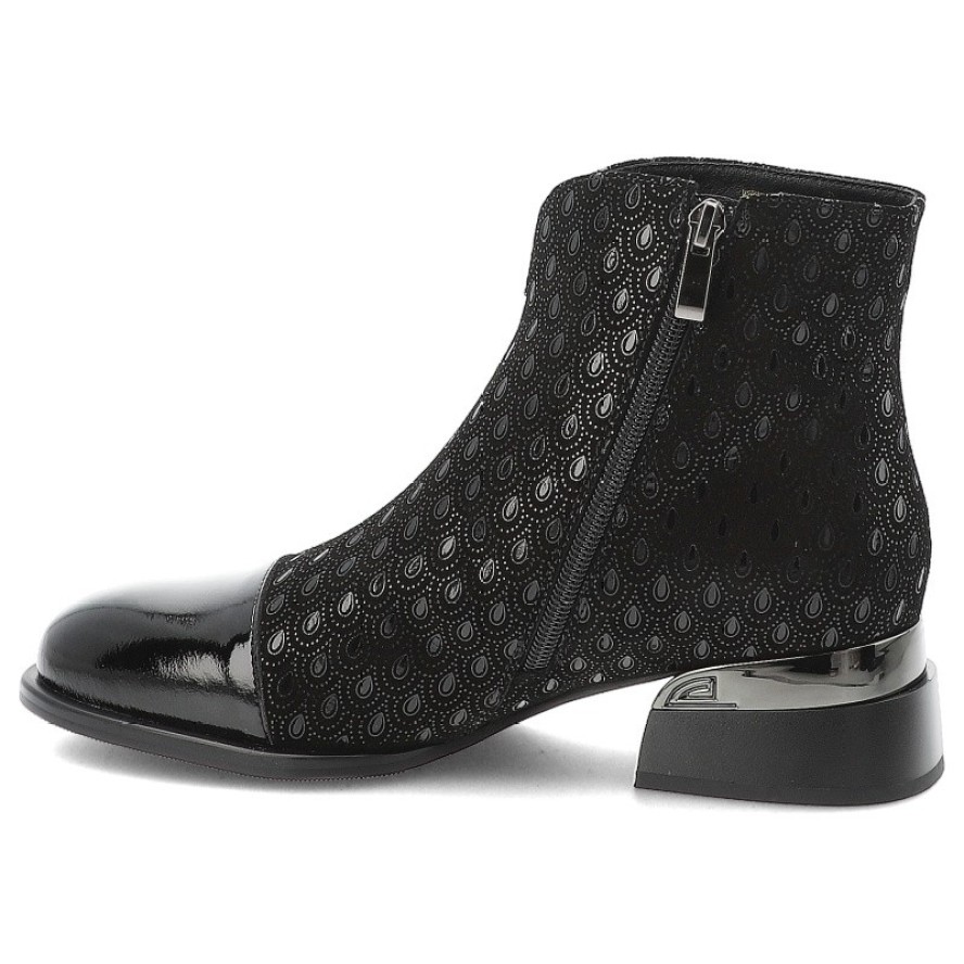 Botki damskie S. Barski, na stabilnym klocku i skórzaną cholewką we wzory, czarne, JC52-862