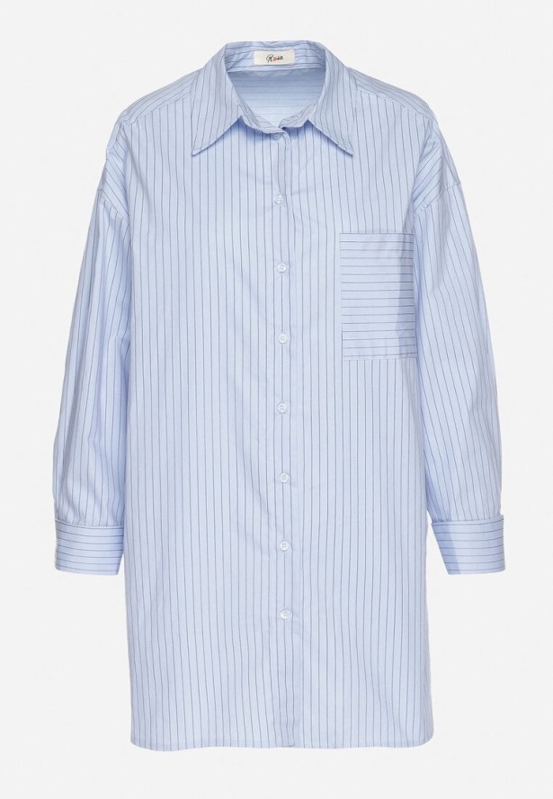 Jasnoniebieska Koszula z Bawełny w Paski Ozdobiona Kieszenią Halonila